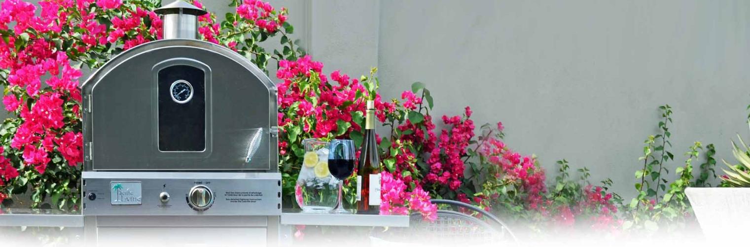 outdoor pizza oven with flower background