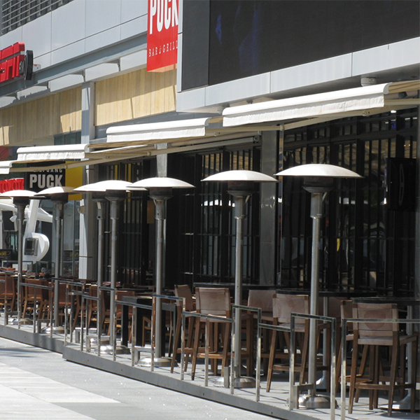 row of sun glo heaters outside a bar
